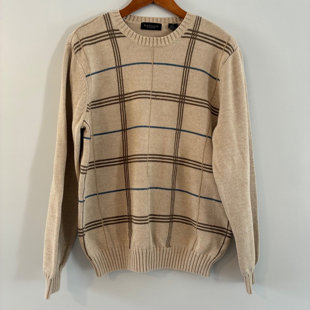 Van Heusen Sweater Mens M Tan Windowpane Plaid Cotton Crewneck Pullover Ribbed